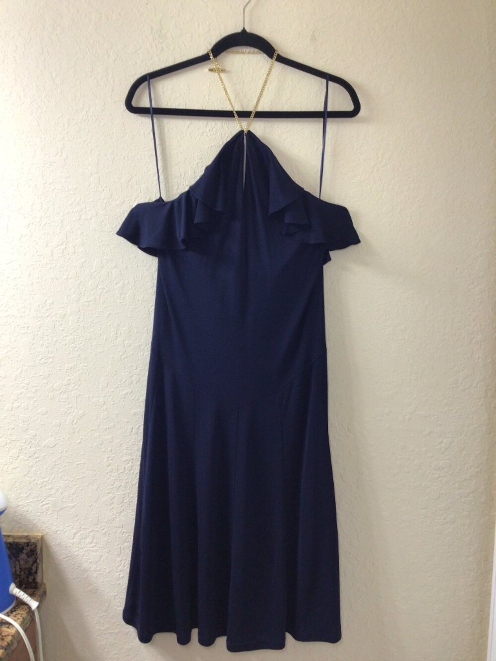 Lauren Ralph Lauren Dress Women’s 10 Navy Blue Ruffle Halter Midi Keyhole A Line